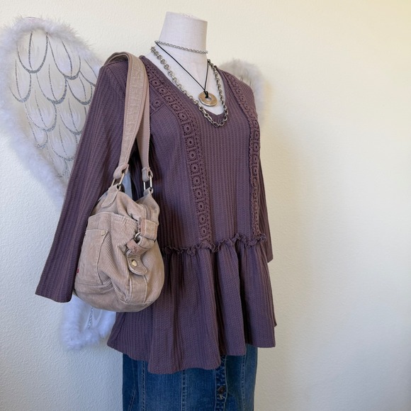 Mori Girl Waffle Knit Peplum Top Purple Mauve Long Sleeve V-Neck Ruffle Babydoll - Picture 6 of 8
